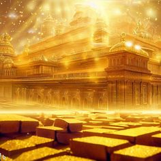 an artistic image of a golden building with bright lights coming from the roof and surrounding it