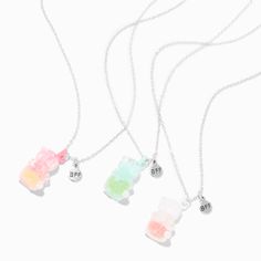 Celebrate the sweet life you have with your two besties with this best friends necklace set. Each pendant has a two-tone Gummy Bears® design that glows in the dark for added flair. Each is finished with a tiny "BFF" charm. Keep one for yourself and give the other two to your crew. For best results, expose the glow-in-the-dark charms to light.Pack Size: 3 Finish: Silver-tone Length: 16 + 3 in. extender / 40.64 + 7.62 cm. extender Closure: Lobster clasp Material: Plastic - Claire's Best Friends Gl Two Besties, Best Friends Necklace, Friends Necklace, Bff Jewelry, Cat Pendant Necklace, Fun Crafts To Do, Bff Necklaces, Food Accessories, Best Friend Necklaces