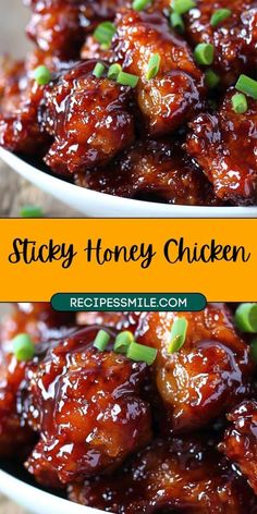 two white bowls filled with sticky honey chicken