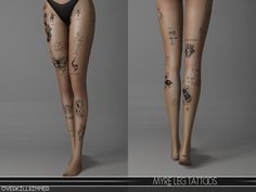 two images of the same woman's body with tattoos on her legs and thighs