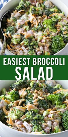 broccoli salad in a white bowl with text overlay