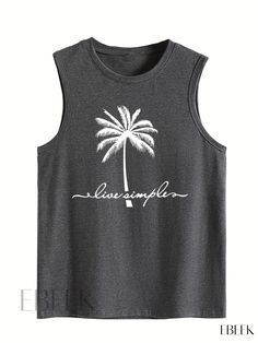 Ebeek - Stylish Coco Palm Print Tank Top: Fashionable Sleeveless Summer Top with Crew Neck, Ideal for Womens Fashionable Wardrobe Beach Sleeveless Tank Top With Letter Print, Sleeveless Letter Print Tank Top For Beach, Summer Sleeveless Vest With Letter Print, Beach Letter Print Tank Top, Sleeveless Graphic Print Summer Vest, Trendy Summer Vest With Letter Print, Sleeveless Summer Vest With Letter Print, Summer Sleeveless Tops With Letter Print, Trendy Sleeveless Tank Top For Beach Season