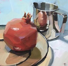 a painting of a pomegranate on a plate next to a coffee pot