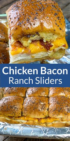 Collage of chicken bacon ranch sliders on Hawaiian rolls with text Chicken Bacon Ranch Sliders, Bacon Ranch Sliders, Ranch Sliders, Sliders Recipes Chicken, Food Buffet