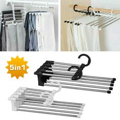 three clothes hangers with hooks on each side and one hanging rail in the middle