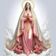 the virgin mary statue is surrounded by pink roses and gold trimmings on white clouds