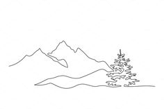 a line drawing of mountains with trees in the foreground and snow on the ground