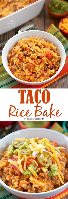 taco rice bake in a white bowl with cheese on top