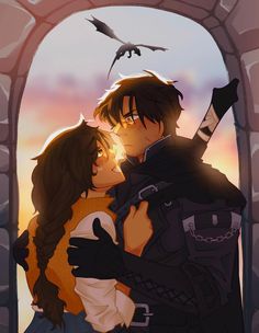 a couple kissing in front of an arch with bats flying over them and the sun setting behind them