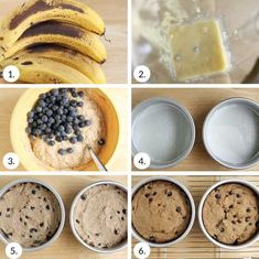 the steps to making blueberry muffins are shown in four different pictures, including bananas and chocolate chips