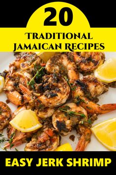 the cover of 20 traditional jamaican recipes by easy jerk shrimp with lemon wedges