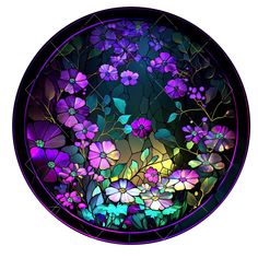 a circular stained glass window with flowers and leaves