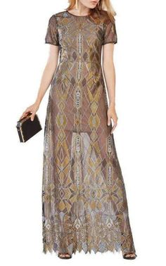 Taliah Metallic Geometric Lace Gown BCBGMAXAZRIA Luxury Lace Maxi Dress With Lace Back, Luxury Lace A-line Maxi Dress, Luxury Gold Lace Gown, Luxury Fitted Elastane Maxi Dress, Luxury Maxi Length Lace Dress, Luxury Lace Maxi Dress For Women, Luxury Maxi Length Gown For Fall, Luxury Fitted Floor-length Mesh Dress, Luxury Floor-length Rayon Maxi Dress