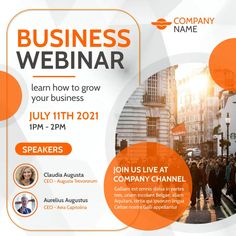 an orange and white business flyer with people walking on the street in front of buildings