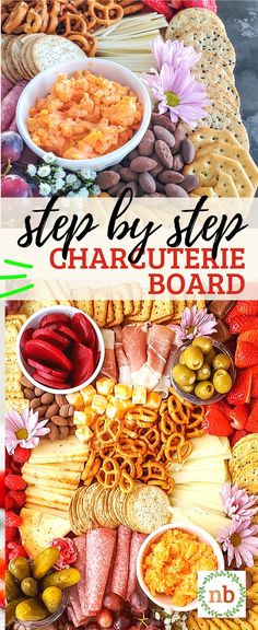 two pictures with different types of food on them and the words, step by step chard