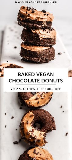 three chocolate donuts with peanut butter frosting on top and the words baked vegan chocolate donuts above them