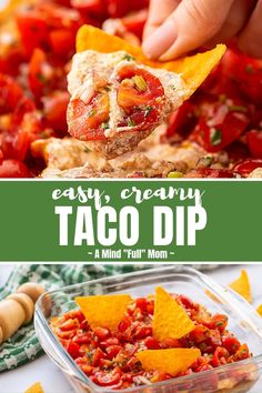 easy creamy taco dip with tomatoes and tortilla chips