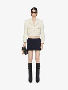 Cropped jacket in tweed with 4G Liquid detail | Givenchy US | Givenchy Liquid Metal, Welcome Bags, Cowboy Boots Women, Givenchy Women, Buckle Boots, Cropped Jacket, Product Label, Crop Jacket, Tweed Jacket