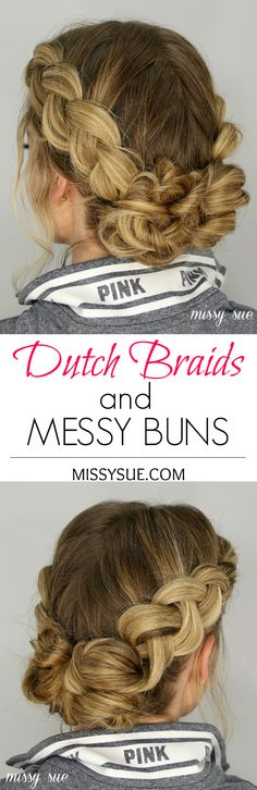 dutch-braids-knotted-bun Hair Accessories Updo, Dutch Braid Styles, Messy Bun With Braid, Different Braids, Dutch Braids, Messy Braids, Messy Buns, Super Hair, Messy Bun Hairstyles