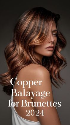 Create a photorealistic image of a woman with brunette hair featuring copper balayageThe model should be facing slightly to the sideshowcasing the richness of the colorUse softnatural lighting to highlight the texture and shine of the hairInclude the text 'Why Choose Copper Balayage for Brunettesin an elegantsans-serif font overlaid on the imageStylePhotorealisticAspect ratio2:3 (Pinterest optimal). Partial Copper Highlights Dark Hair, Balayage For Brunettes, Copper Highlights On Brown Hair, Copper Brunette, Copper Balayage Brunette, Mahogany Brown Hair, Balayage Hair Copper, Dark Brown Hair Balayage