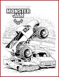 monster jam coloring page with two trucks and one car in the air, on top of each other