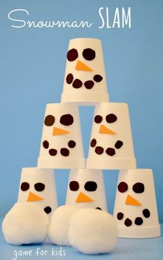 the snowman slim game for kids is made with foam cups and cotton balls it's easy to make