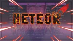 the word meteor is surrounded by red and orange light beams in front of a computer screen