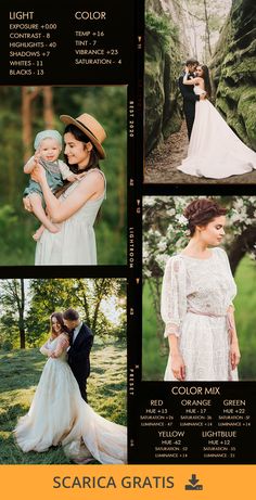 an advertisement for a wedding dress shop featuring photos of the bride and groom in their natural surroundings