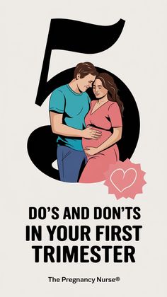 A white pinterest pin with a couple who has just found-out they are pregnant. The text "5 do's and don'ts in your first trimester" is placed below the image. The text is bold and creative, with good contrast. The site name "The Pregnancy Nurse®" is placed at the bottom.