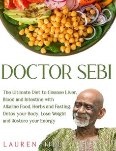 the cover of doctor sebi's cookbook shows an image of a man in front of a plate of vegetables