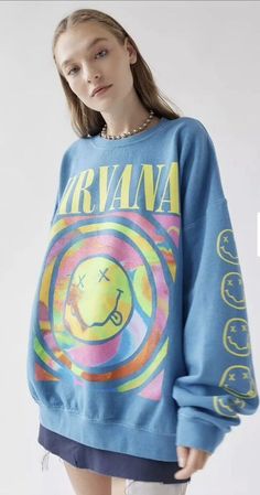 Nirvana Smile, Nirvana Sweatshirt, Nirvana Smiley Face, Sweatshirt Oversized, Cotton Fleece, Smiley Face, Nirvana, Casual Wardrobe, Turquoise Blue