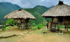 two huts with thatched roofs in front of mountains