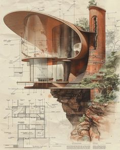 an architectural drawing of a house on top of a cliff