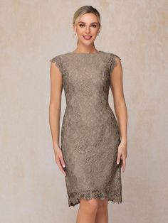 Taupe Modern Mother Of The Bride Dresses, Mother Of The Bride Looks, White Dress Bride, Mother Of Bride Dresses, Lace Wedding Guest Dress, Knee Length Lace Dress, Planning Wedding, Mob Dresses, Lace Neckline