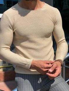 Fitted Knitted Beige Tops, Fitted Beige Knitted Tops, Beige Stretch Crew Neck Sweater, Fitted Long Sleeve Neutral Sweater, Cream Knitted Crew Neck Top, Fitted Neutral Sweater For Spring, Neutral Knitted Winter Tops, Fitted Beige Crew Neck Sweater, Beige Fitted Crew Neck Sweater