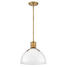 a brass and clear glass pendant light with an open dome on the bottom, hanging from a