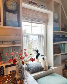 a dog is sitting on the window sill