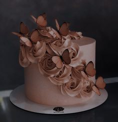 there is a pink cake with butterflies on the top and flowers on the bottom that have been made to look like roses