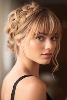 Romantic Updo For Long Hair, Hairstyle Bangs Wedding, Hair Updo With Bangs Wedding, Braid Hair With Bangs, Hair Updo With Fringe, Bridesmaid Updo Bangs, Bridesmaids Hairstyles With Bangs, Bridesmaid Hairstyles Updo With Bangs, Updo Hairstyles With Bangs For Wedding