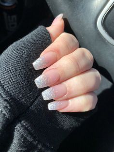 Light Pink Nails With Silver Glitter, Acrylic Nails Glitter Fade, Acrylic Nails For Formal Event, Silver Glitter Ombré Nails, Classy Nails With Glitter, Silver Nails Ballerina, Silver Acrilyc Nails, Coffin Glitter French Tip Nails, Prom Nails For Pink Dress Sparkle