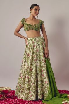 Ivory and green flared lehenga with all over gardenia print and sequin highlights. Paired with a short sleeves sweetheart neck blouse with sequin, pearls, dangling glass beads embellishments and a dupatta. - Aza Fashions Sweetheart Neck Blouse, Flared Lehenga, Cape Lehenga, Kurta Lehenga, Lehenga Pattern, Lehenga Skirt, Luxury Sale, Silk Organza, Sweetheart Neck