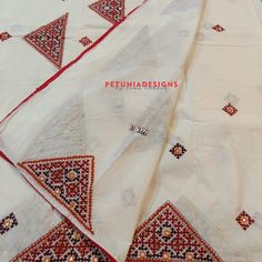 Navratri Semi-stitched Saree With Intricate Embroidery, Traditional White Embroidered Fabric With Pallu, Semi-stitched Embroidered Saree Fabric For Navratri, Assamese Saree, Ralli Designs Sindhi, Saree Pattern, Traditional Red Semi-stitched Embroidered Fabric, Traditional Embroidery