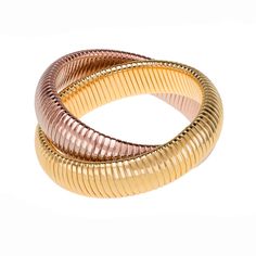 Large Double Cobra bracelet in rhodium and gold with two woven bracelets each band approx 1/2" wide. Classic design and comfortable stretch fit, looks great alone or stacked! Approx 1" wide, 6.25" diameter Rose and 18k yellow gold plated over brass Stretch fit coil bracelet Made to be worn stacked with other bracelets Gold Flexible Slinky Bracelet, Multi Chain Bracelet, White Diamond Necklace, Coil Bracelet, Stretch Bands, Woven Bracelets, Gold Plated Bracelets, Metal Stamping, Diamond White