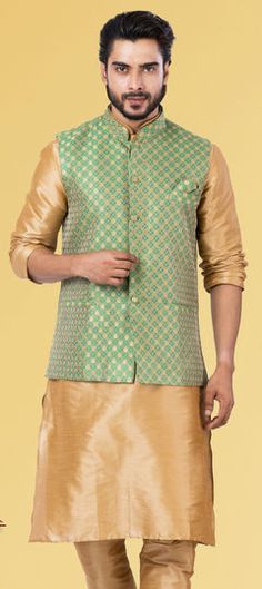 Green color Nehru Jacket in Jacquard fabric with Weaving work Nehru Jacket For Men, Beige And Green, Celebrity Gowns, Waist Coat, Nehru Jacket, Ethnic Looks, Nehru Jackets, Dupion Silk, Looking Dapper