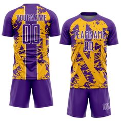 a purple and yellow soccer uniform with the name teamname 00 on it's chest