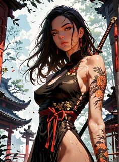 Japanese Tattoo Art Geisha, Female Samurai Character Art, Onna Musha, Girl Samurai, Female Warrior Tattoo, Samurai Girl, Japanese Art Samurai, Female Samurai, Samurai Tattoo Design