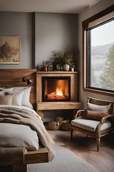 Electric fireplace with a mantle in a bedroom, featuring elegant decor and built-in fireplace design for a cozy and stylish space. Updated Electric Fireplace Ideas, Farmhouse Style Electric Fireplace, Electric Fireplace In Office, How To Install A Gas Fireplace, Fireplace Insert Ideas Decor Master Bedrooms, Classy Electric Fireplace, Flush Mount Fireplace Ideas, Small Fireplace Bedroom, Small Fireplace In Bedroom