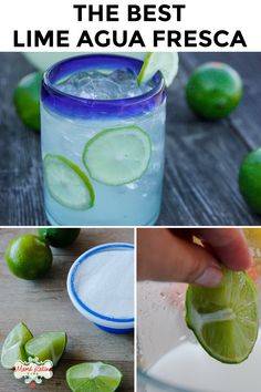 collage with limes, sugar and a glass with lime agua fresca Fruit Waters, Mexican Drink Recipes