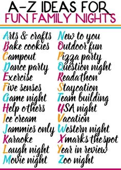 a poster with the words fun ideas for fun family nights on it's side