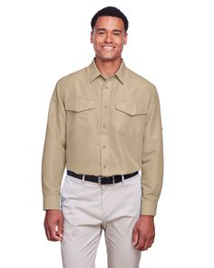 Men's Key West Long-Sleeve Performance Staff Shirt - KHAKI - L | Harriton Men's Key West Long-Sleeve Performance Staff Shirt in Khaki Size Large | Polyester Uniform Shirts, Collar Stays, Twill Shirt, Business Shirts, Alternative Outfits, Long Sleeve Shirt Dress, Work Shirts, Key West, Color Khaki